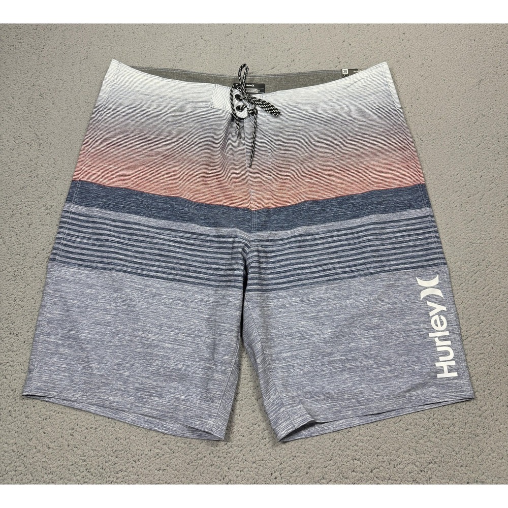 NWT Hurley Board Shorts Mens 38 Gray Red Stripe Swim Trunks Stretch